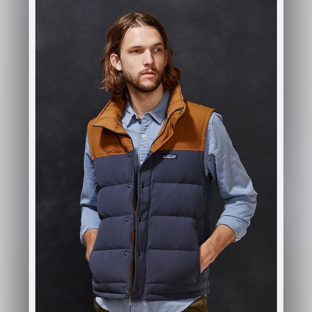 Men’s Patagonia Bivy Down Vest- Tan & Blue